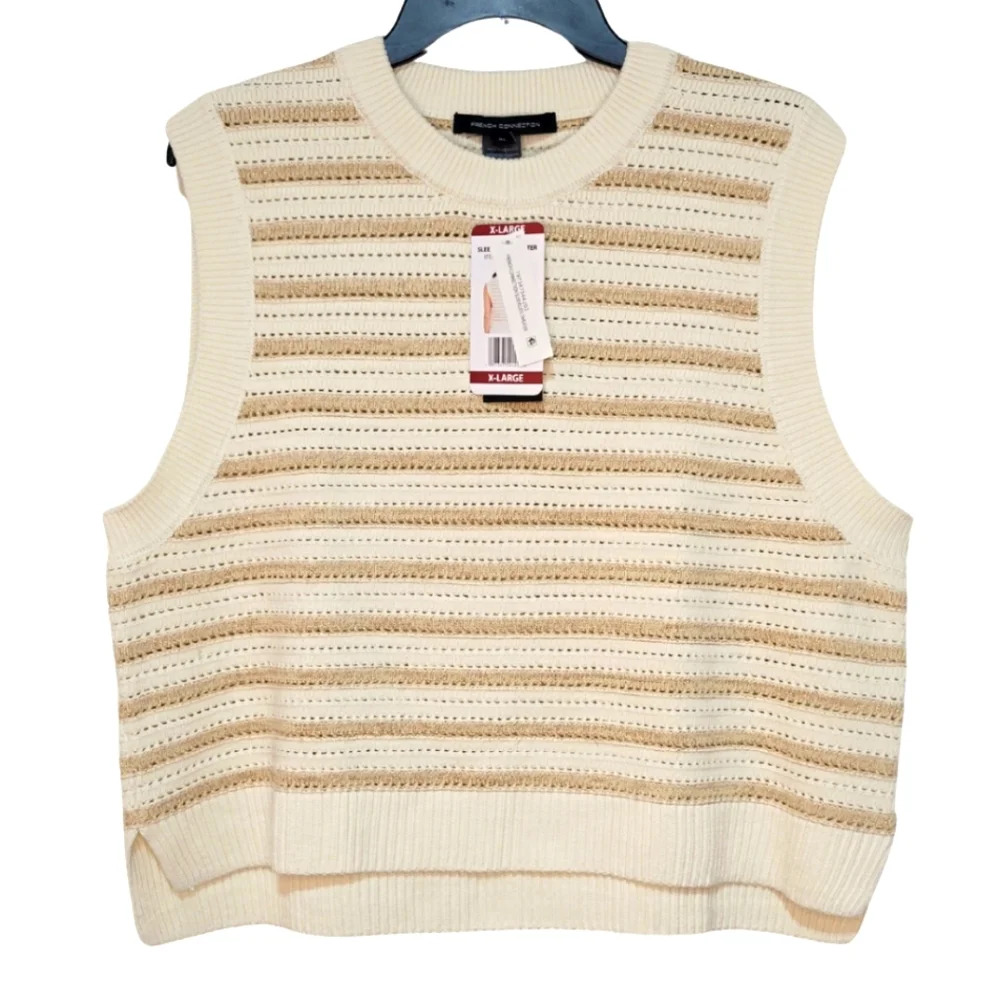 NWT FRENCH CONNECTION Tan Beige Strip Sweater Vest Crew Neck Women's Size XL